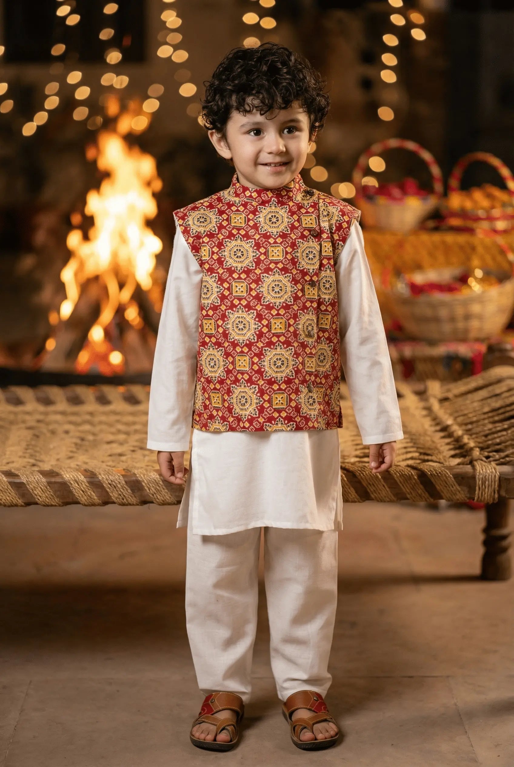 Boy in red Nehru jacket kurta pyjama set for Diwali – Bebe Unicorn