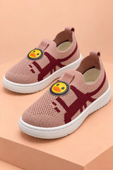 Bebe Unicorn kids knit slip-on sneakers in dusty pink with maroon pattern and yellow duck patch, pair view