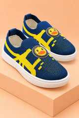 Bebe Unicorn kids knit slip-on sneakers in navy blue with yellow pattern and duck face patch, pair view