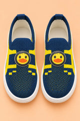 Top view of navy blue kids sock sneakers pair showing padded insole and duck face patch