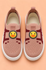 Top view of kids sock sneakers pair showing padded insole, front pull loop and duck face patch