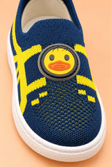 Close-up of breathable navy and yellow knitted mesh upper with rubberised duck patch