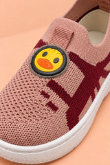 Close-up of breathable knitted mesh upper and rubberised duck patch on Bebe Unicorn kids shoes