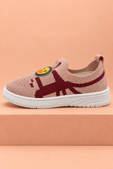 Inner side view of unisex kids knit sneakers in dusty pink and maroon