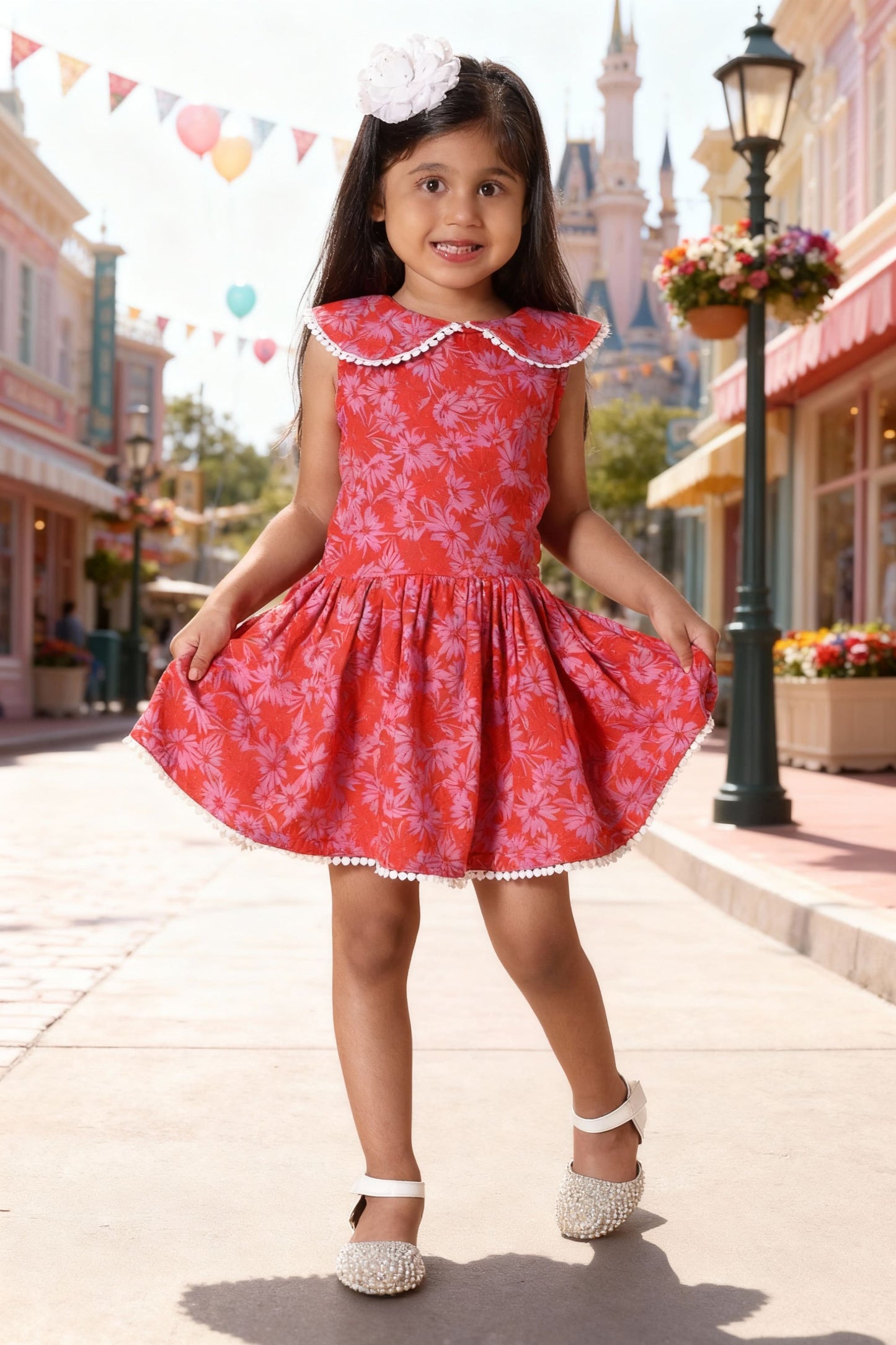 Girls Red Fit & Flare Dress with Peter Pan Collar | Party Wear
