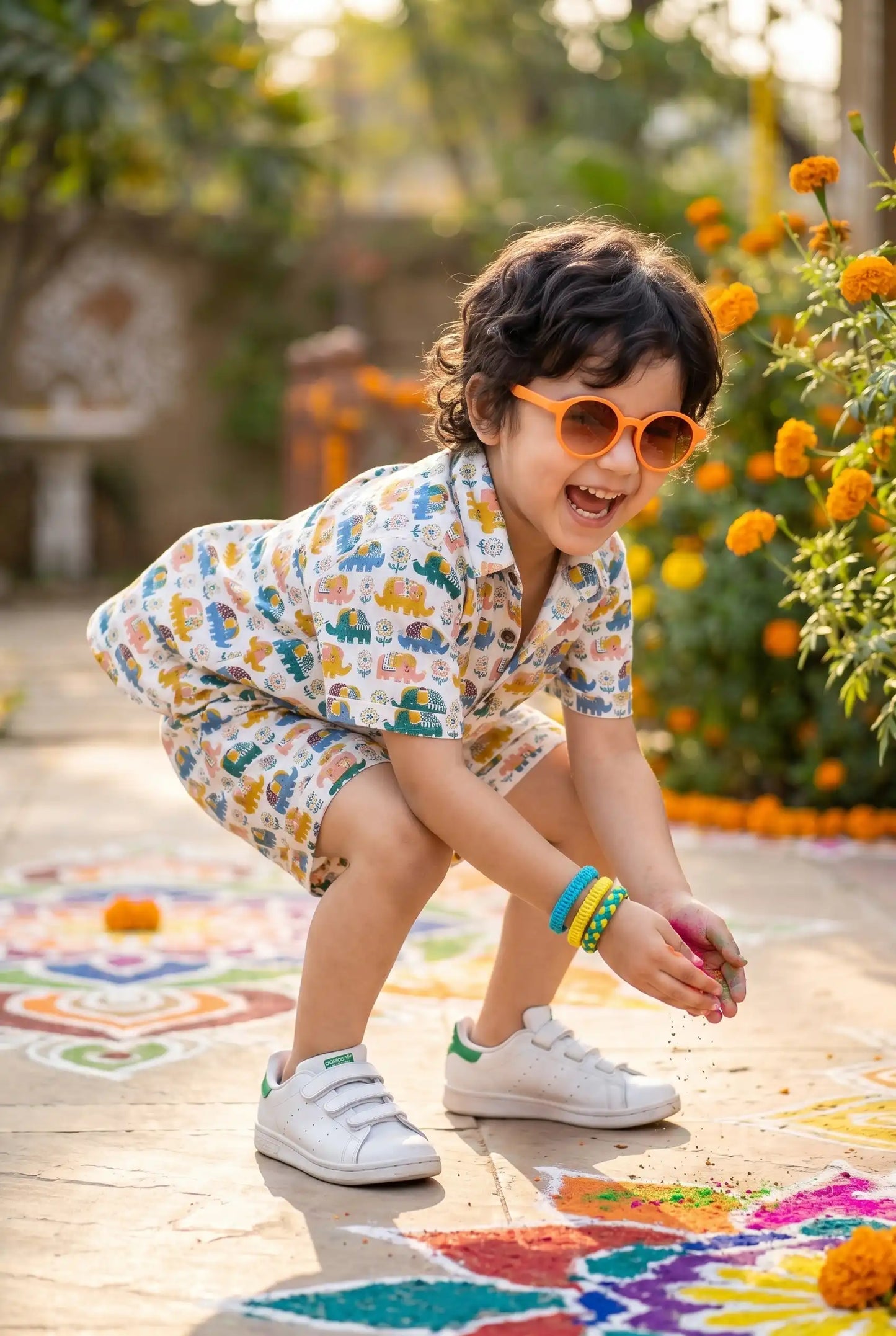 Boys elephant nature casual outfit — complete shirt + shorts set with side pockets, nature-lover outfit, summer & everyday wear. 100% cotton, ₹699, sizes 2-8 years