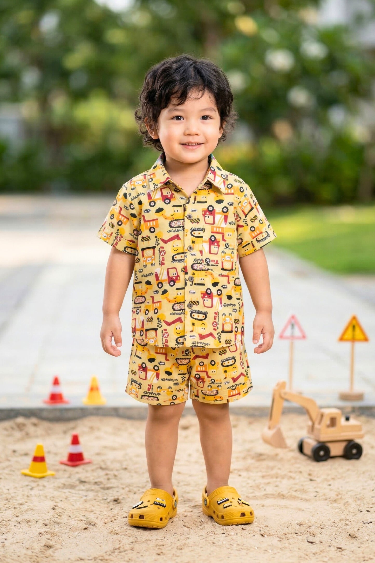 Boy wearing mustard yellow JCB construction print coord set — 100% cotton kids outfit 2–8 years India