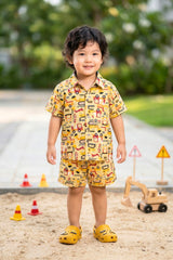 Boy wearing mustard yellow JCB construction print coord set — 100% cotton kids outfit 2–8 years India