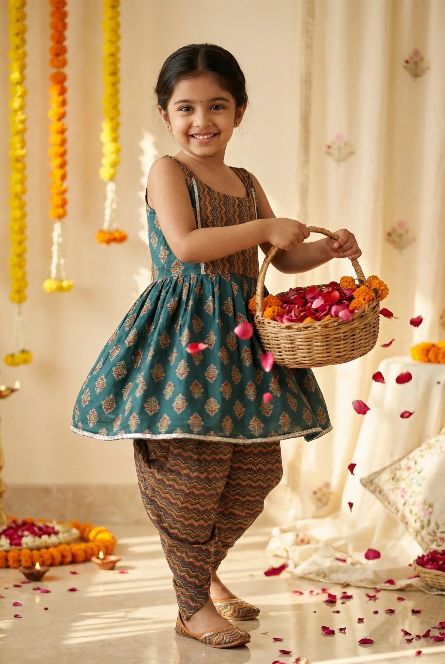 Green Kurti with Multicolor Dhoti Pant - Festive Wear Bebe Unicorn