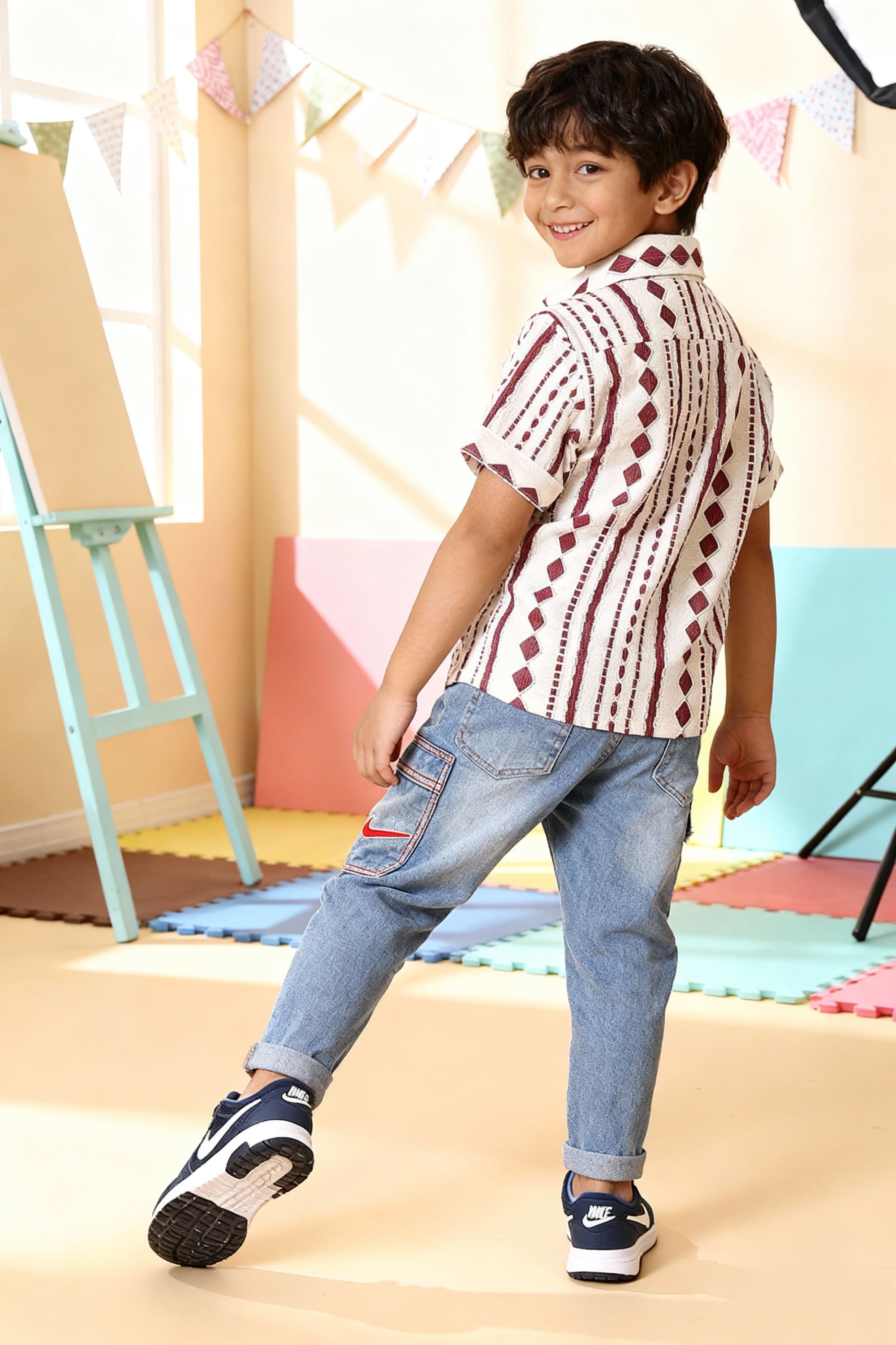 Maroon & White Ethnic Print Shirt - 4 Year Boy Festive Dress