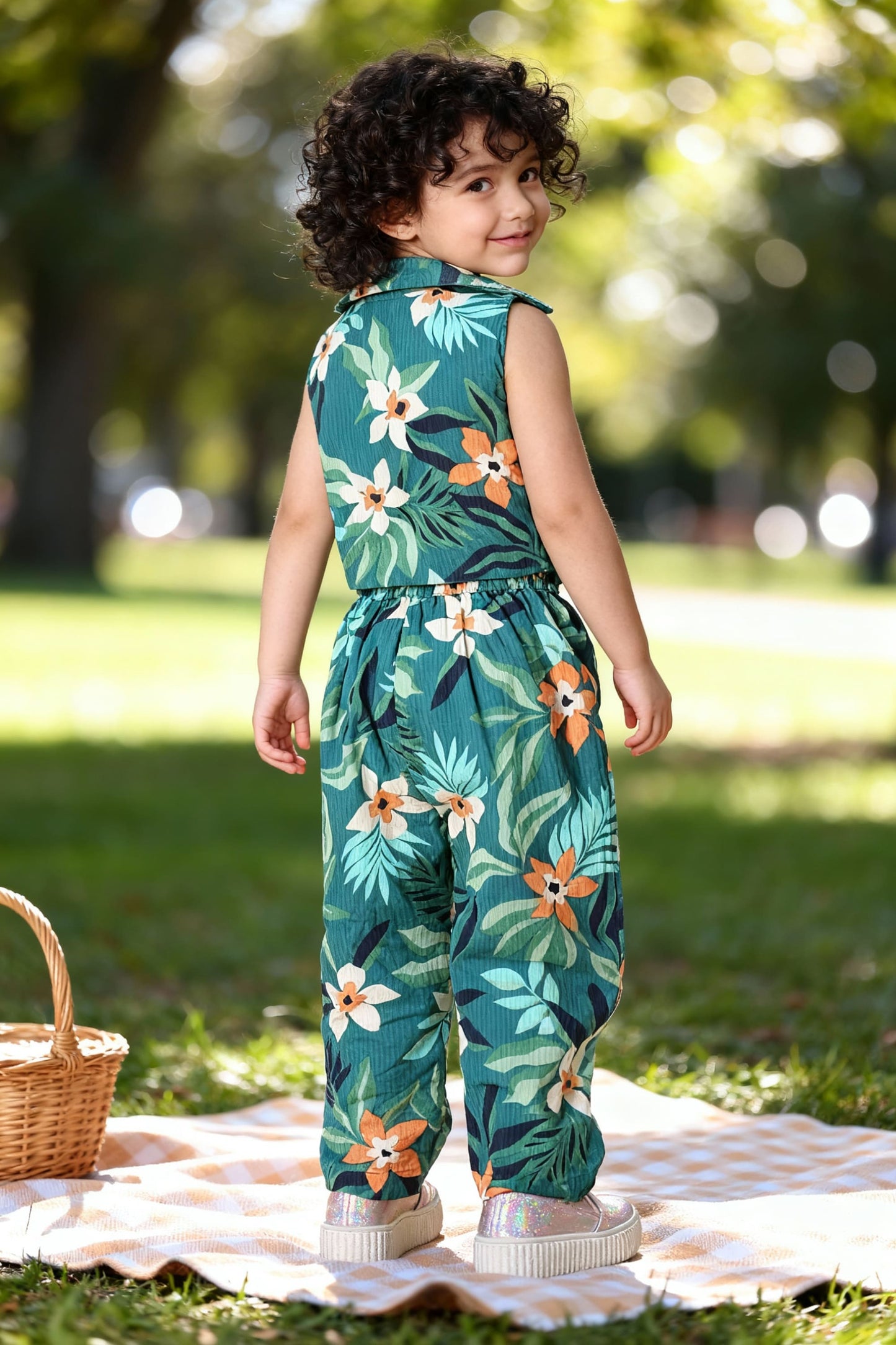 Girls Teal Tropical Floral Co-ord Set | Sleeveless Top & Pants