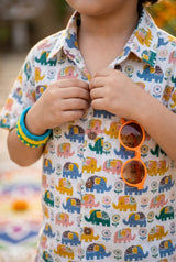 Boys elephant nature print shirt showing button-down detail, colorful elephants & flowers, casual everyday outfit, ages 2-8