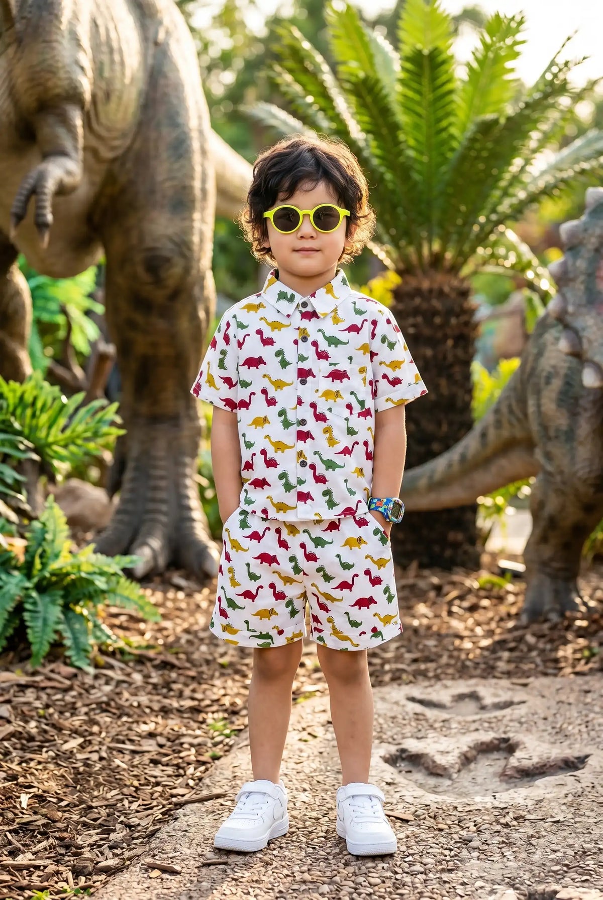 A young boy aged approximately 4–5 years, smiling joyfully and playing outdoors in the Bebe Unicorn Boys Colorful Dinosaur Adventure Coord Set — a white base 100% cotton coord set with bright red, yellow, and green cartoon dinosaurs, classic collar shirt with chest pocket and matching shorts with side pockets — photographed in a garden/park setting.