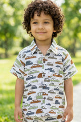 Boys big car print coord set white base shirt shorts front view – Bebe Unicorn