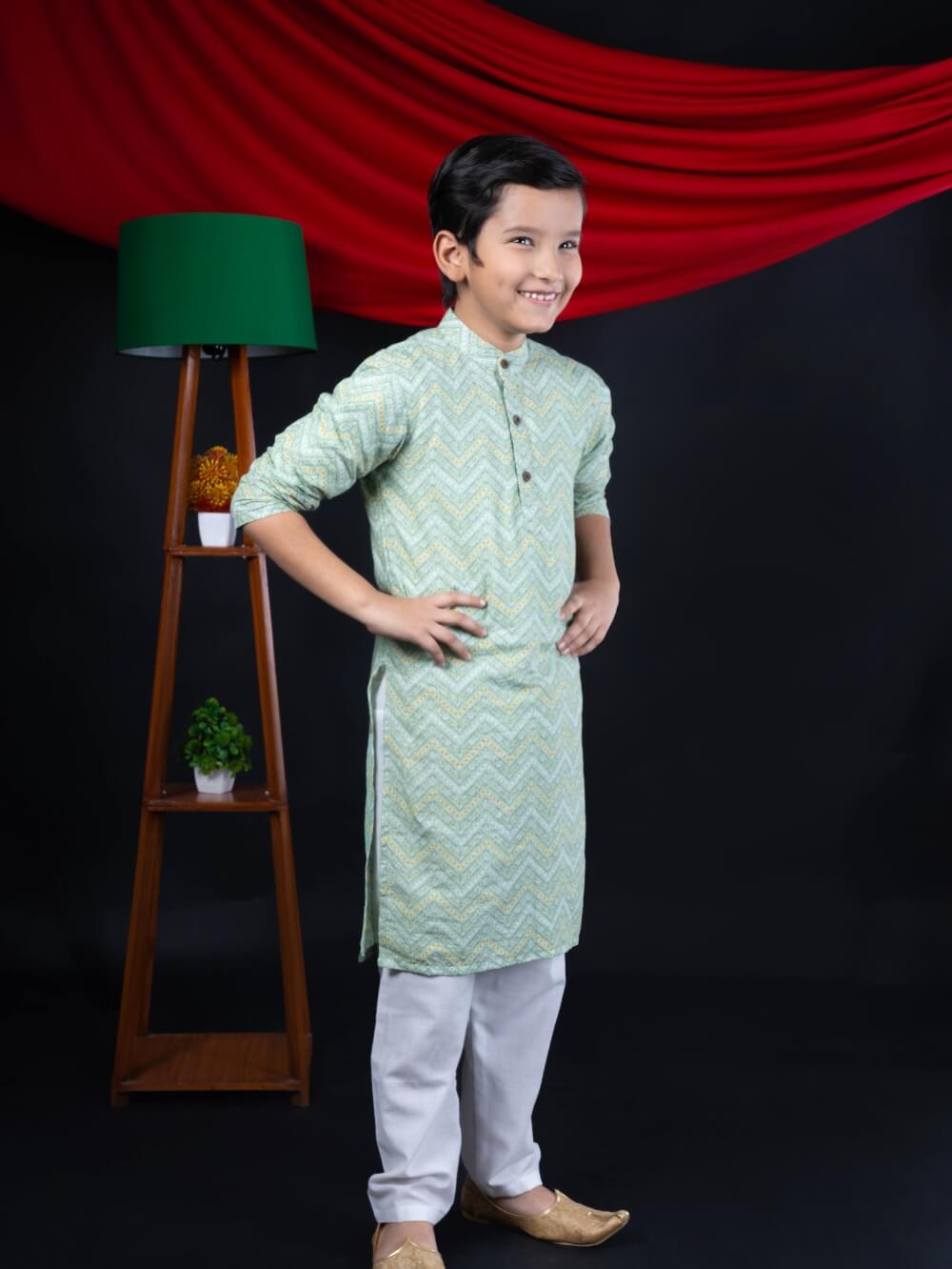 Radiant Style: Boys' Zig Zag Print Pista Color Straight Kurta with White Pajama