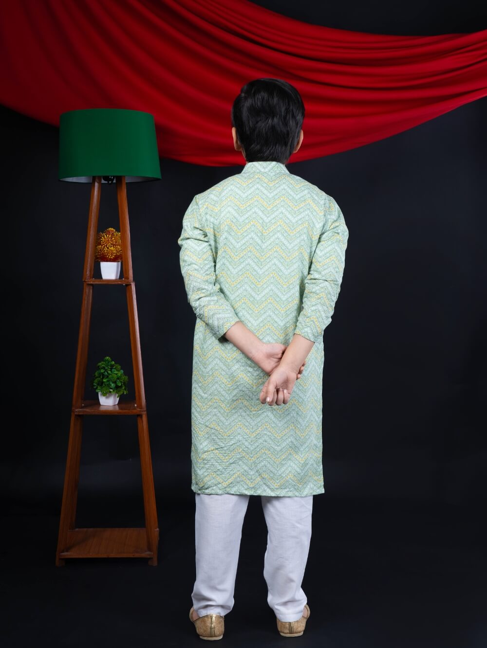 Radiant Style: Boys' Zig Zag Print Pista Color Straight Kurta with White Pajama