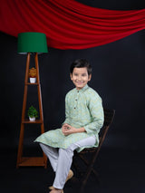 Radiant Style: Boys' Zig Zag Print Pista Color Straight Kurta with White Pajama