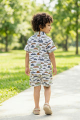 Close-up of bold big car print on white cotton fabric – boys coord set Bebe Unicorn