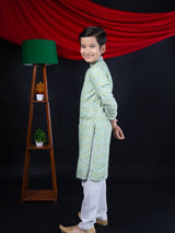 Radiant Style: Boys' Zig Zag Print Pista Color Straight Kurta with White Pajama