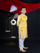 Sunny Elegance: Boys' Floral Print Yellow Color Straight Jacket Style Kurta Pyjama Set