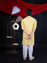 Sunny Elegance: Boys' Floral Print Yellow Color Straight Jacket Style Kurta Pyjama Set