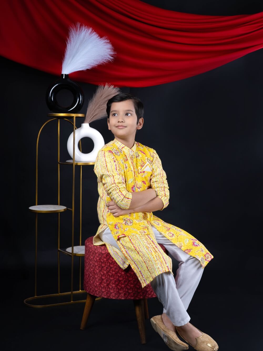 Sunny Elegance: Boys' Floral Print Yellow Color Straight Jacket Style Kurta Pyjama Set