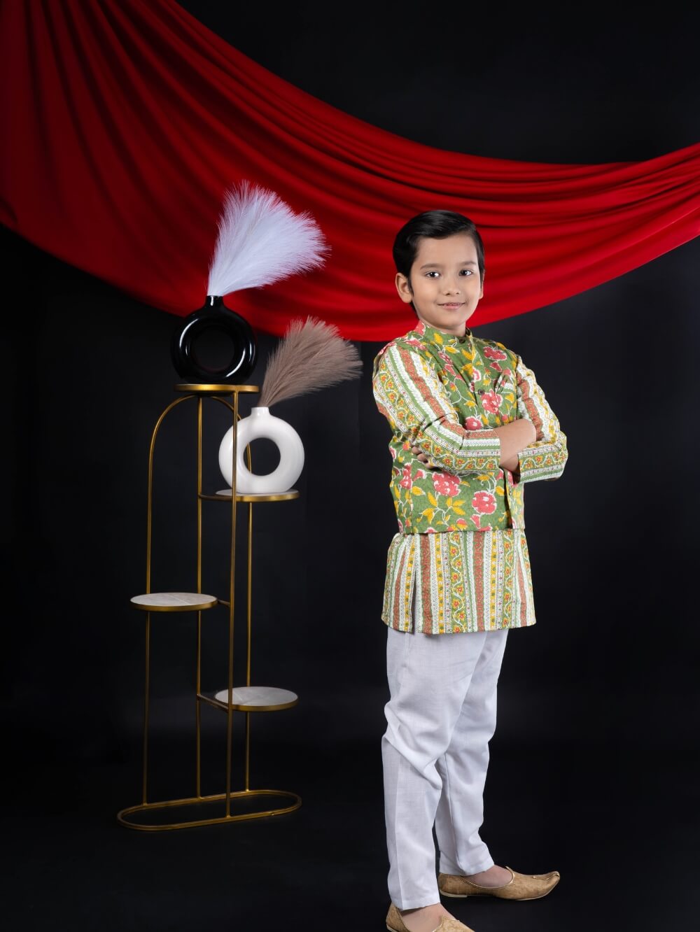 Fresh Sophistication: Boys' Floral Print Parrot Green Short Kurta with Nehru Jacket Set