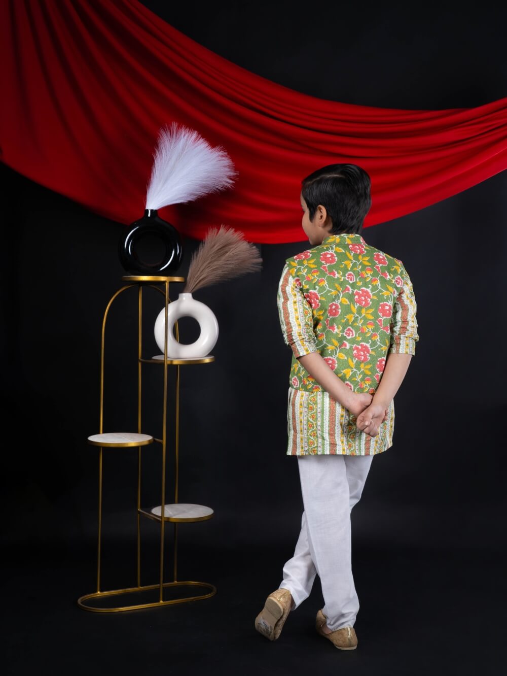 Fresh Sophistication: Boys' Floral Print Parrot Green Short Kurta with Nehru Jacket Set