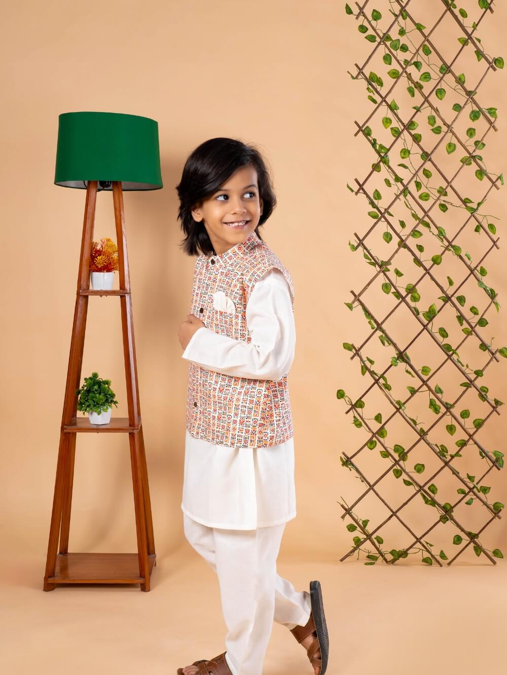 Bohemian Chic: Boys' Nehru Jacket with Off-White Kurta Pyjama Set