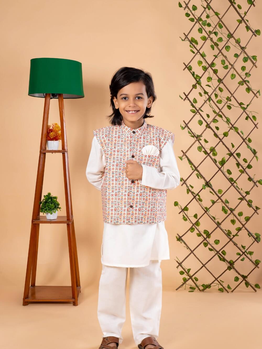 Bohemian Chic: Boys' Nehru Jacket with Off-White Kurta Pyjama Set