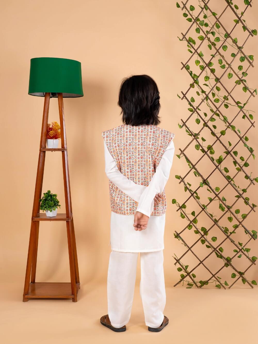 Bohemian Chic: Boys' Nehru Jacket with Off-White Kurta Pyjama Set