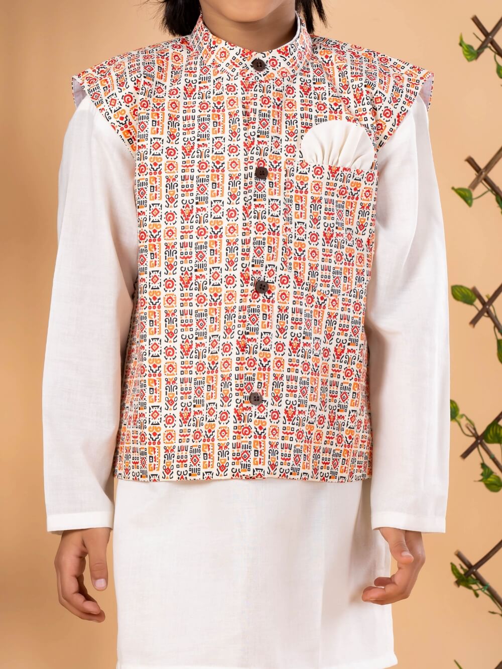 Bohemian Chic: Boys' Nehru Jacket with Off-White Kurta Pyjama Set
