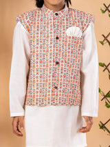 Bohemian Chic: Boys' Nehru Jacket with Off-White Kurta Pyjama Set