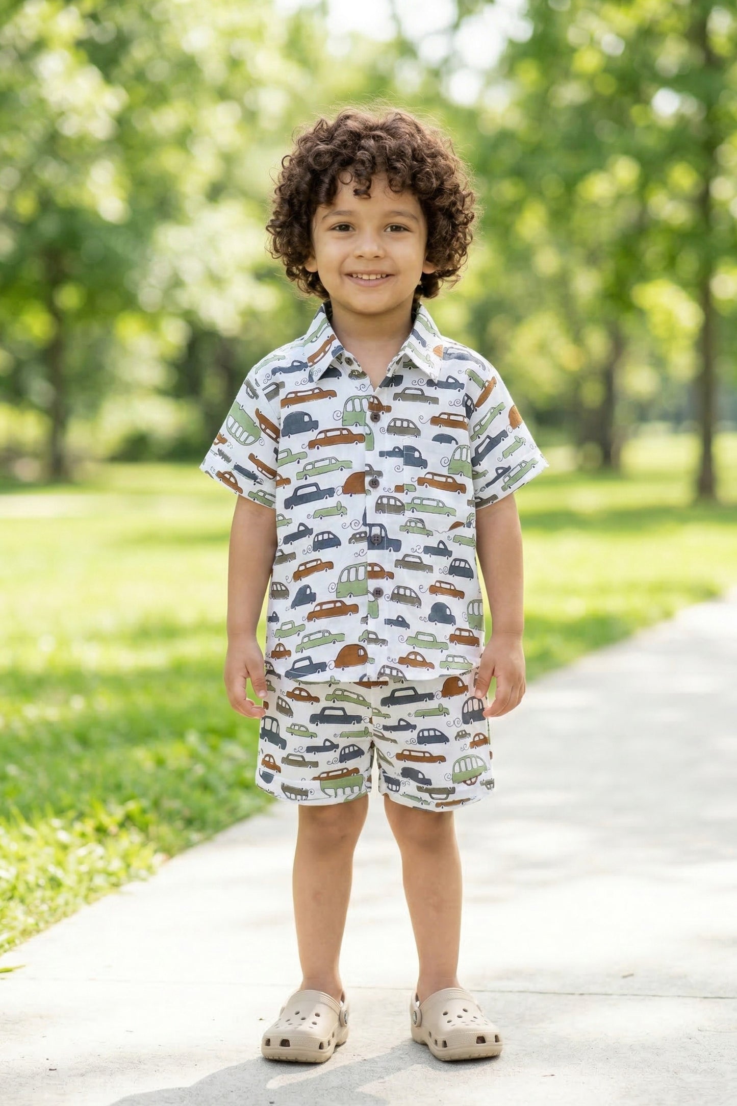 Boy wearing white base big car print coord set – 100% cotton kids outfit 2–8 years India