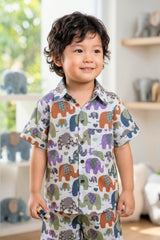 A young boy aged approximately 3–4 years, smiling and standing in the Bebe Unicorn Boys Multicolour Elephant Parade Print Coord Set — a white 100% cotton coord set with joyful patchwork illustrated elephants in purple, orange, teal, navy, olive and grey — photographed in an outdoor garden setting with elephant figurines in the background.