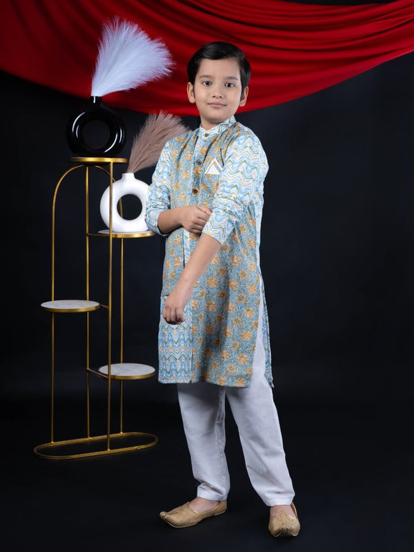 Vibrant Blossoms: Boys' Floral Print Multicolor Straight Jacket Style Kurta Pyjama Set