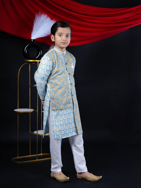 Vibrant Blossoms: Boys' Floral Print Multicolor Straight Jacket Style Kurta Pyjama Set