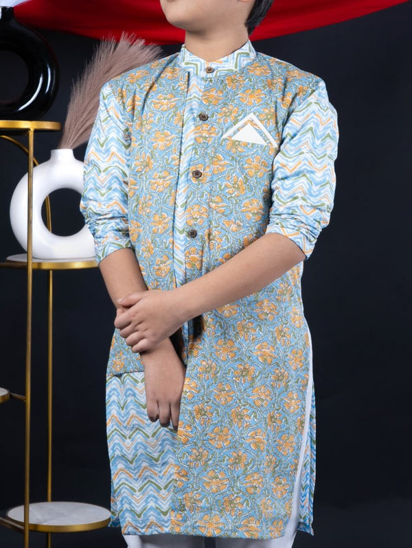 Vibrant Blossoms: Boys' Floral Print Multicolor Straight Jacket Style Kurta Pyjama Set