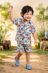 Flat lay of the Bebe Unicorn Boys Multicolour Elephant Parade Print 100% Cotton Coord Set — a boys elephant-themed birthday outfit and zoo trip outfit, suitable for daily wear, summer outings and gifting. Priced at ₹699, made in India, available in sizes 2–8 years.