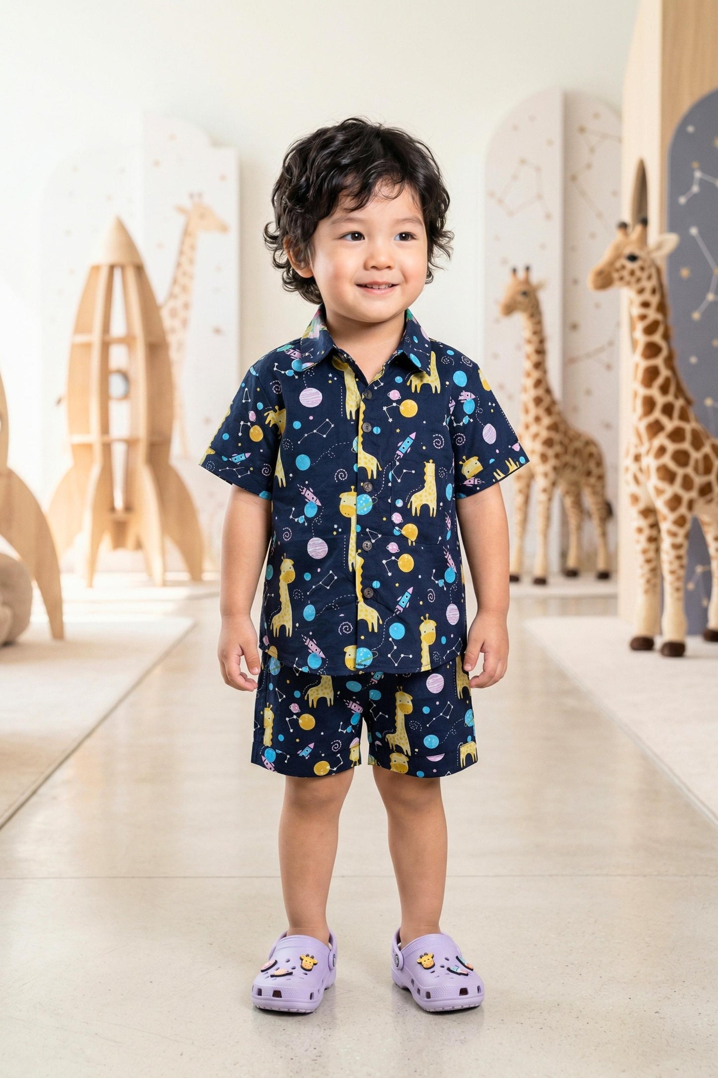 A young boy aged approximately 3–4 years, smiling and wearing the Bebe Unicorn Boys Navy Space Giraffe Print Coord Set — a deep navy 100% cotton coord set with whimsical golden giraffes, colourful planets, rockets and constellation illustrations — photographed in a pastel space-themed studio setting with planet decorations in the background.