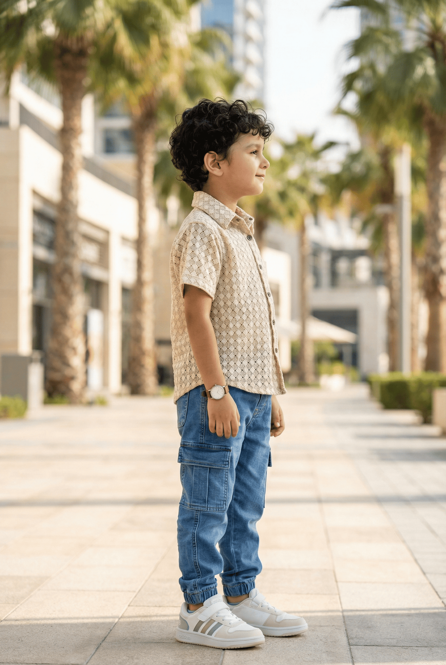 Beige Diamond Print Shirt - Kids Dress for Boys
