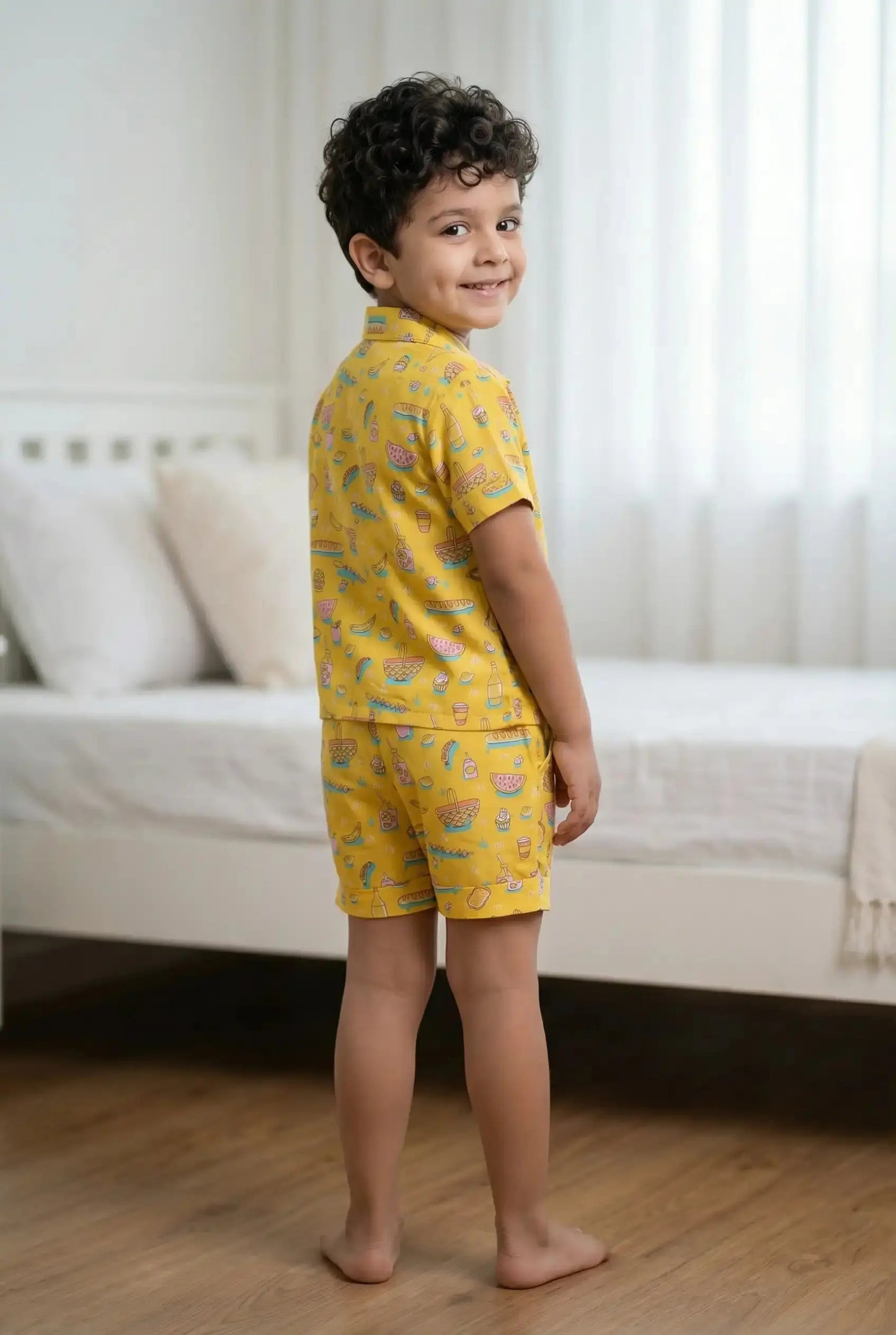 Boys Yellow Food Print Co-ord Set | Shirt & Shorts for Kids (Oversized) Bebe Unicorn