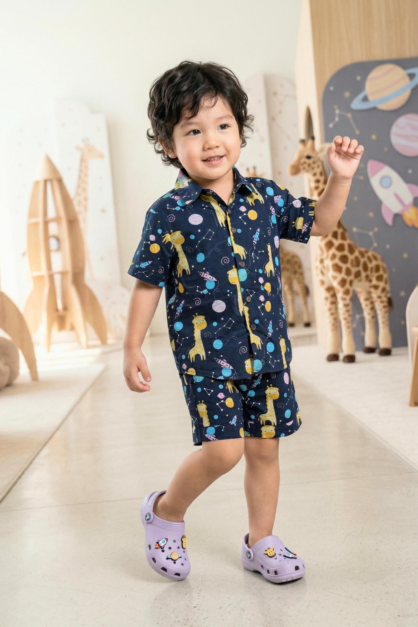 Flat lay of the Bebe Unicorn Boys Navy Space Giraffe Print 100% Cotton Coord Set — a unique boys birthday outfit for space and animal lovers, suitable for daily wear, summer outings and gifting. Priced at ₹699, made in India, available in sizes 2–8 years.