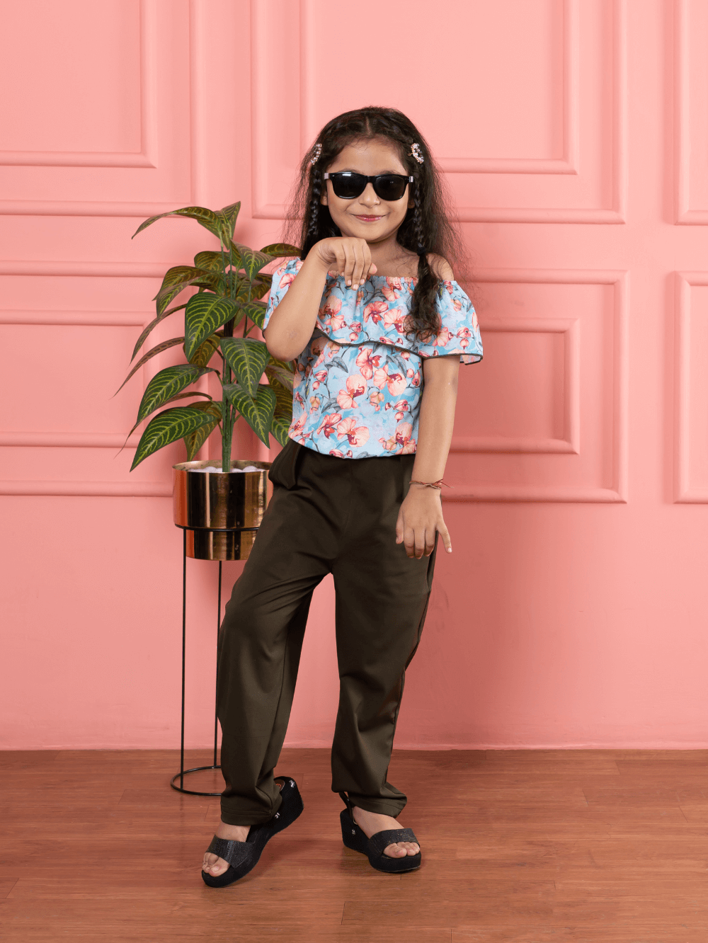 Bebe Unicorn Girls Floral Print Top & Olive Pants Clothing Set