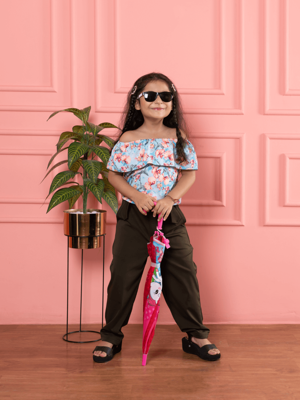Bebe Unicorn Girls Floral Print Top & Olive Pants Clothing Set