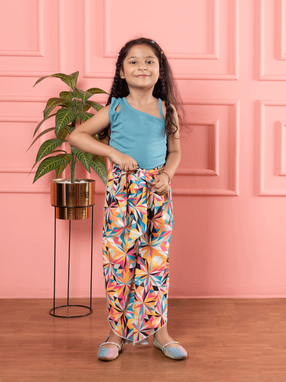 Bebe Unicorn Teal Top & Multicolor Palazzo Girls Clothing Set