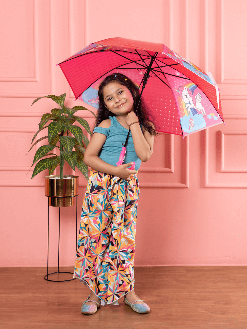 Bebe Unicorn Teal Top & Multicolor Palazzo Girls Clothing Set