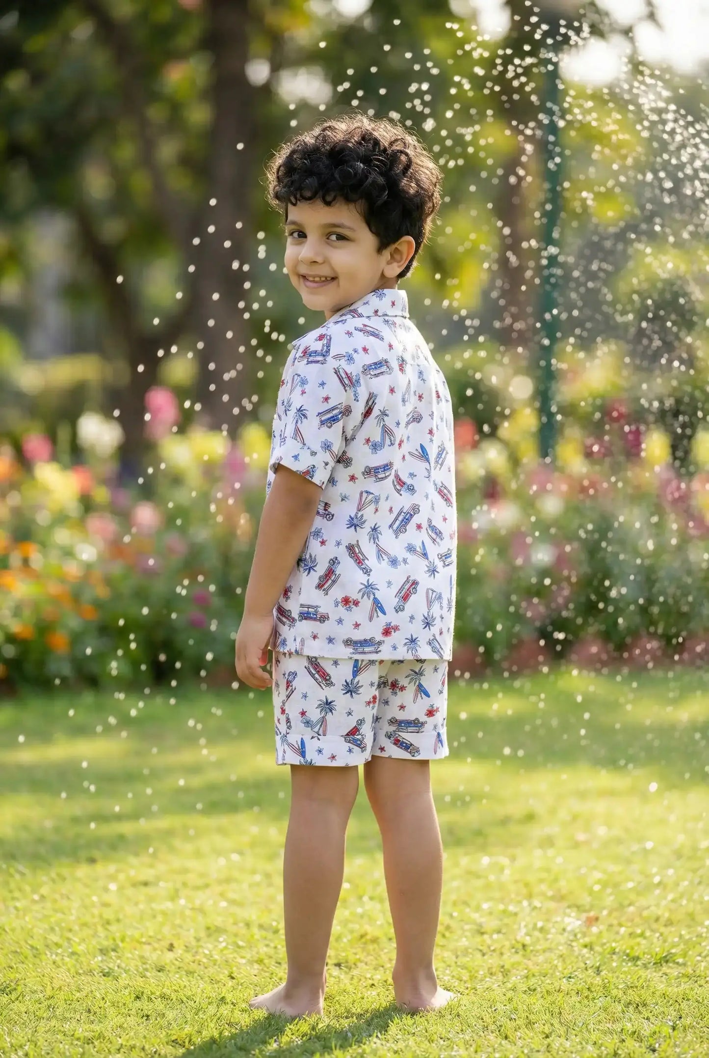 Image 5 — Flat lay / action:
Flat lay or lifestyle shot of the Bebe Unicorn Boys Surf & Beach Woody Car Print Linen Coord Set — a premium boys outfit suitable for daily wear, summer outings, beach resort wear and birthday parties. Priced at ₹699, 100% linen, made in India, available in sizes 2–8 years.