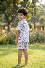 Image 5 — Flat lay / action:
Flat lay or lifestyle shot of the Bebe Unicorn Boys Surf & Beach Woody Car Print Linen Coord Set — a premium boys outfit suitable for daily wear, summer outings, beach resort wear and birthday parties. Priced at ₹699, 100% linen, made in India, available in sizes 2–8 years.