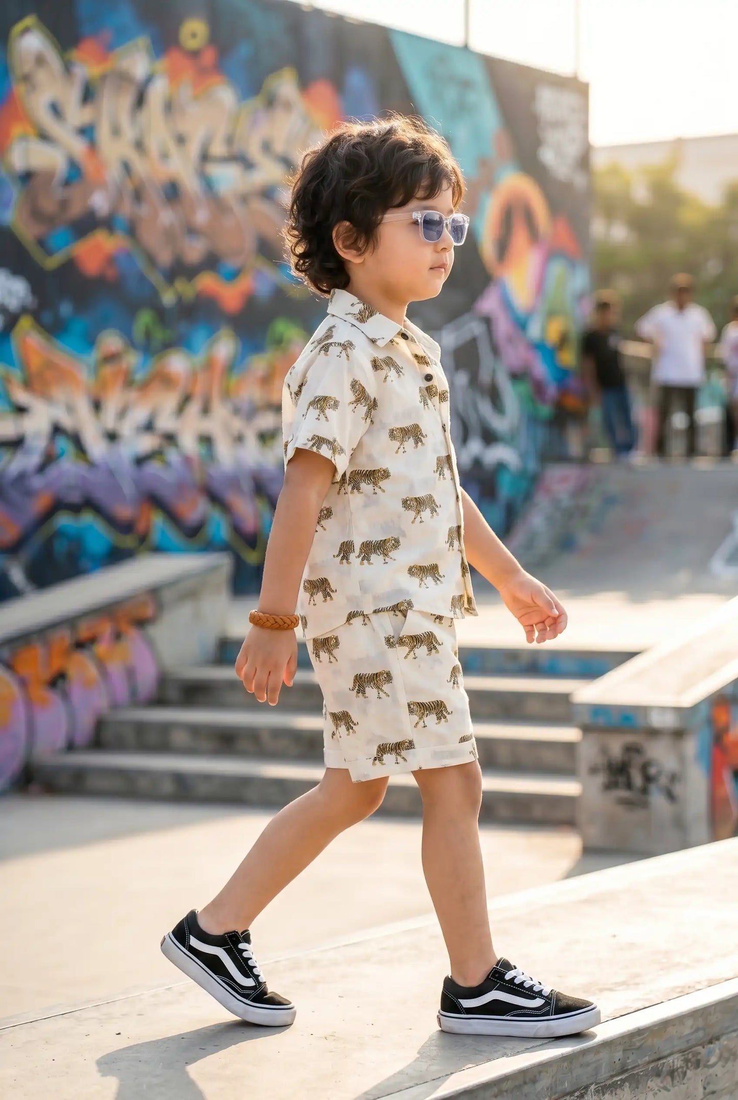 Boys tiger casual outfit with matching shirt & shorts, side pockets visible, perfect everyday casual cool wear, 100% cotton